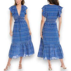 O.P.T. Jardin Dress Eyelet V-Neck Cotton Midi Blue size Medium  OPT